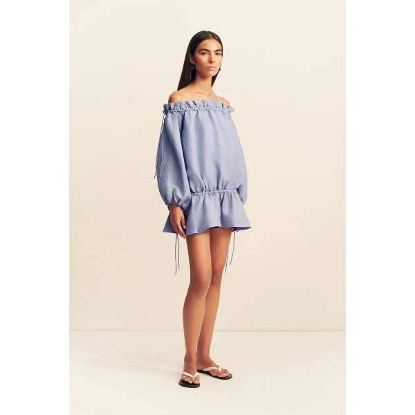 Shona Joy Marlowe Linen Blend Off Shoulder Mini Dress - Chambray - Dresses - Australian Luxury Eventwear at Luxury Shoes 