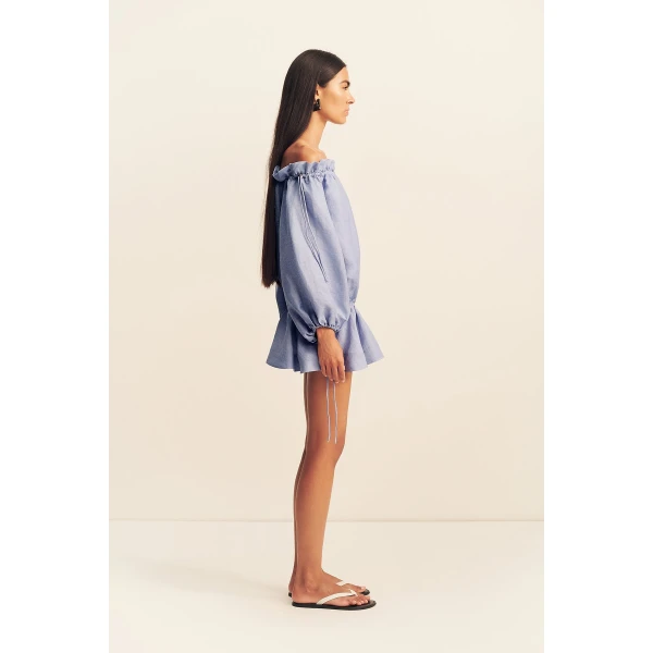 Shona Joy Marlowe Linen Blend Off Shoulder Mini Dress - Chambray - Dresses - Australian Luxury Eventwear at Luxury Shoes 