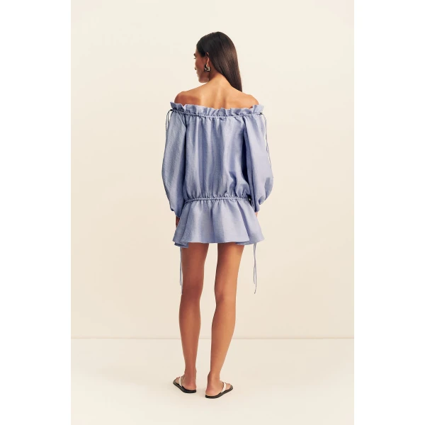 Shona Joy Marlowe Linen Blend Off Shoulder Mini Dress - Chambray - Dresses - Australian Luxury Eventwear at Luxury Shoes 