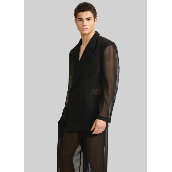 The Frankie Shop 4-Button Double-Breasted Sheer Jacket - Black - Oversized Minimalist Jackets in Black - Shop at Luxury Shoes 