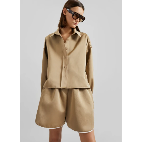 The Frankie Shop Adia Satin Boxer Shorts - Beige - Oversized Minimalist Shorts in Beige - Shop at Luxury Shoes 