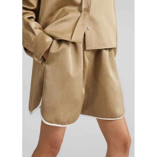 The Frankie Shop Adia Satin Boxer Shorts - Beige - Oversized Minimalist Shorts in Beige - Shop at Luxury Shoes 