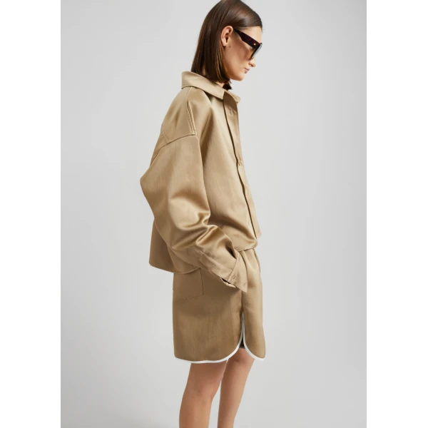 The Frankie Shop Adia Satin Boxer Shorts - Beige - Oversized Minimalist Shorts in Beige - Shop at Luxury Shoes 