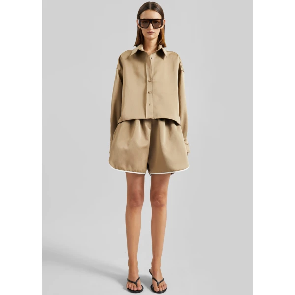 The Frankie Shop Adia Satin Boxer Shorts - Beige - Oversized Minimalist Shorts in Beige - Shop at Luxury Shoes 