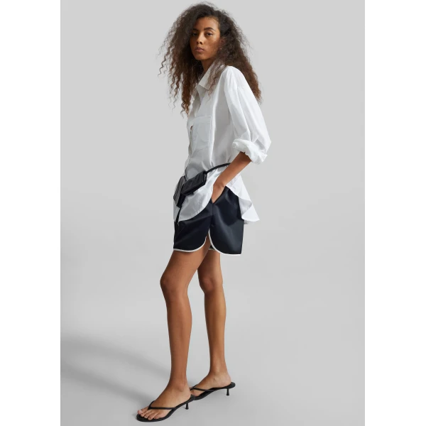 The Frankie Shop Adia Satin Boxer Shorts - Black - Oversized Minimalist Shorts in Black - Shop at Luxury Shoes 