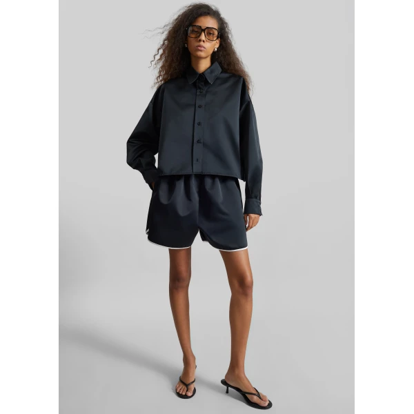 The Frankie Shop Adia Satin Boxer Shorts - Black - Oversized Minimalist Shorts in Black - Shop at Luxury Shoes 