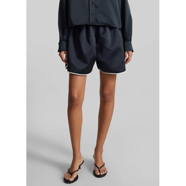 The Frankie Shop Adia Satin Boxer Shorts - Black - Oversized Minimalist Shorts in Black - Shop at Luxury Shoes 