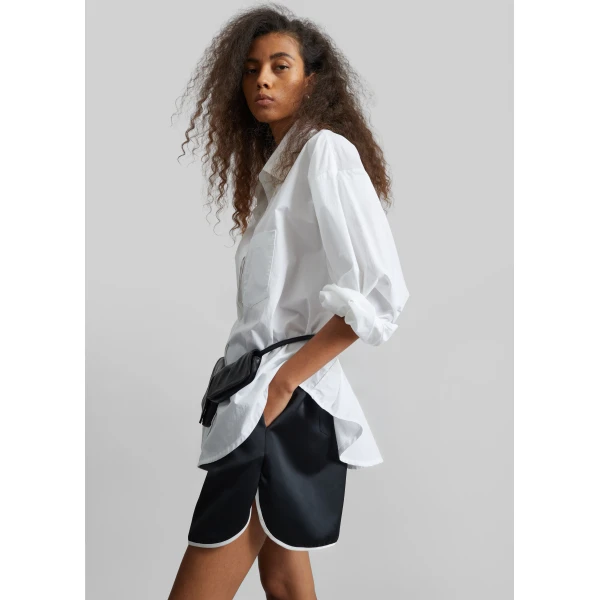 The Frankie Shop Adia Satin Boxer Shorts - Black - Oversized Minimalist Shorts in Black - Shop at Luxury Shoes 