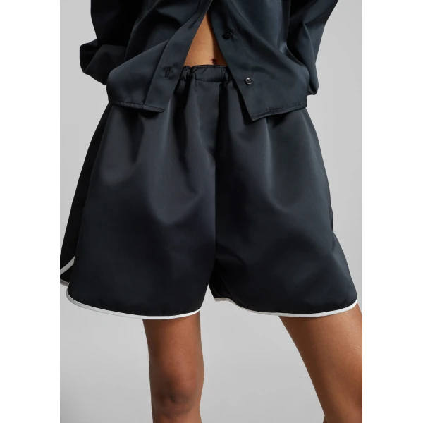 The Frankie Shop Adia Satin Boxer Shorts - Black - Oversized Minimalist Shorts in Black - Shop at Luxury Shoes 