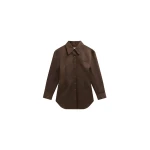 The Frankie Shop Akita Satin Cinched Shirt Dress - Brown - Oversized Minimalist Dresses in Beige - Shop at Luxury Shoes 
