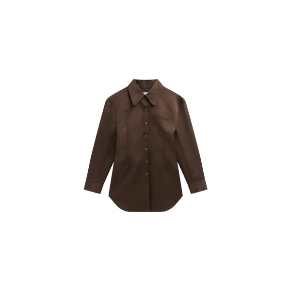 The Frankie Shop Akita Satin Cinched Shirt Dress - Brown - Oversized Minimalist Dresses in Beige - Shop at Luxury Shoes 