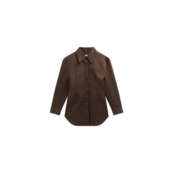 The Frankie Shop Akita Satin Cinched Shirt Dress - Brown - Oversized Minimalist Dresses in Beige - Shop at Luxury Shoes 