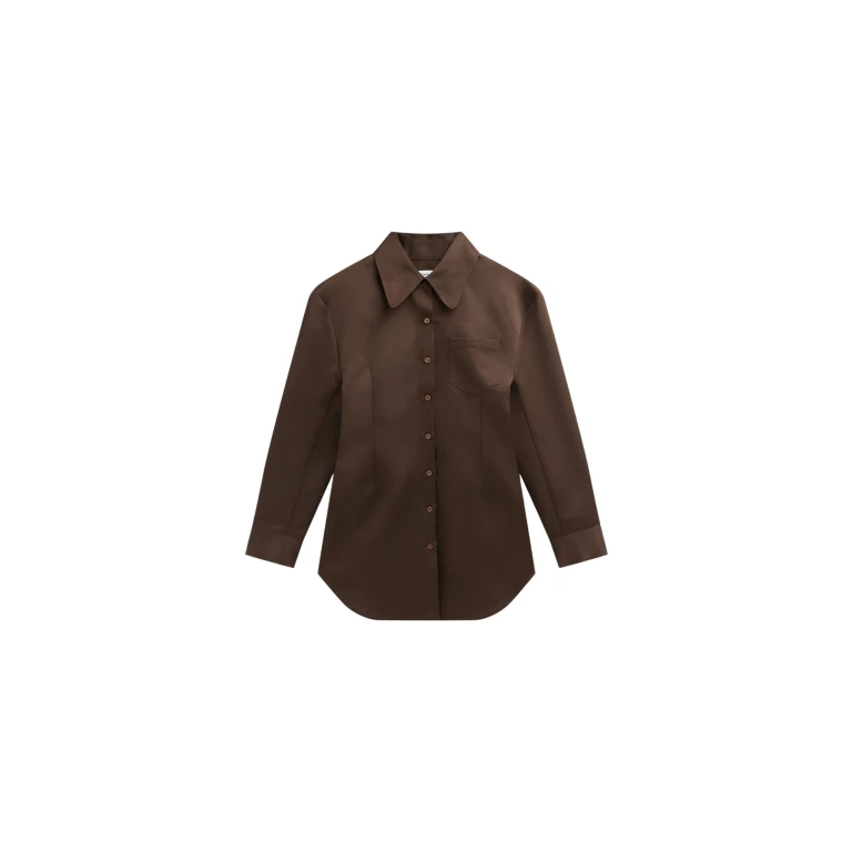 The Frankie Shop Akita Satin Cinched Shirt Dress - Brown - Oversized Minimalist Dresses in Beige - Shop at Luxury Shoes 