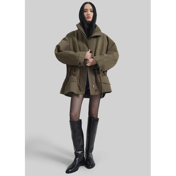The Frankie Shop Alesie Drawstring Jacket - Olive Brown - Oversized Minimalist Jackets in Beige - Shop at Luxury Shoes 