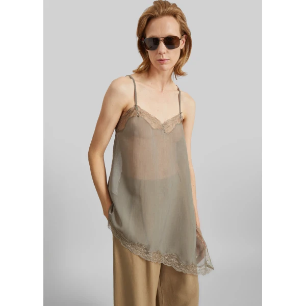 The Frankie Shop Alessia Sheer Lace Top - Taupe - Oversized Minimalist Tops in Beige - Shop at Luxury Shoes 