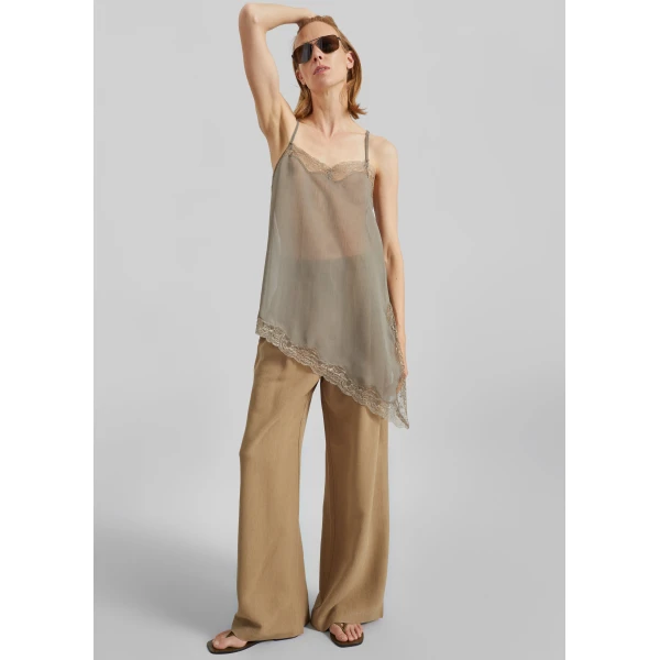 The Frankie Shop Alessia Sheer Lace Top - Taupe - Oversized Minimalist Tops in Beige - Shop at Luxury Shoes 