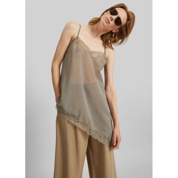 The Frankie Shop Alessia Sheer Lace Top - Taupe - Oversized Minimalist Tops in Beige - Shop at Luxury Shoes 