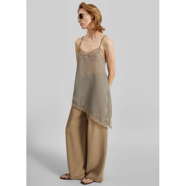 The Frankie Shop Alessia Sheer Lace Top - Taupe - Oversized Minimalist Tops in Beige - Shop at Luxury Shoes 