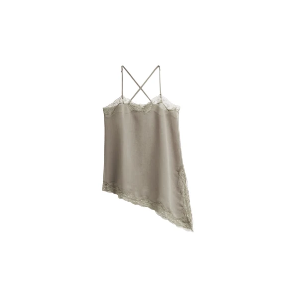 The Frankie Shop Alessia Sheer Lace Top - Taupe - Oversized Minimalist Tops in Beige - Shop at Luxury Shoes 