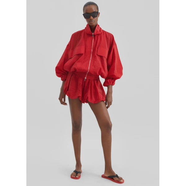 The Frankie Shop Alina Bubble Hem Shorts - Red - Oversized Minimalist Shorts in Red - Shop at Luxury Shoes 