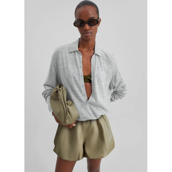 The Frankie Shop Alina Faux Leather Bubble Hem Shorts - Sage - Oversized Minimalist Shorts in Green - Shop at Luxury Shoes 