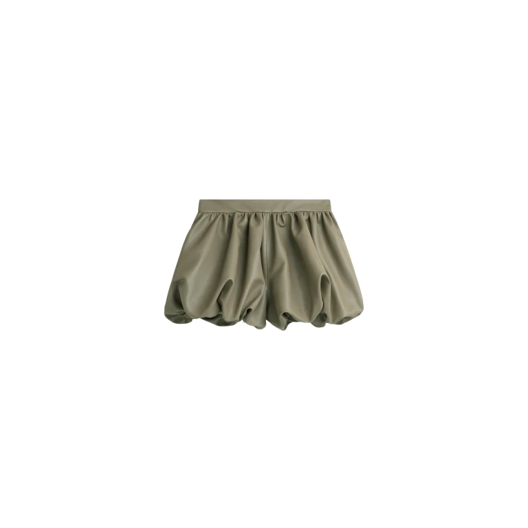 The Frankie Shop Alina Faux Leather Bubble Hem Shorts - Sage - Oversized Minimalist Shorts in Green - Shop at Luxury Shoes 