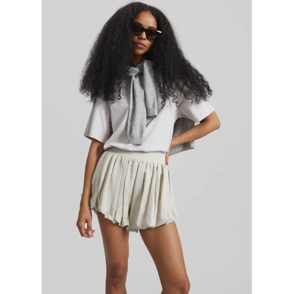 The Frankie Shop Alina Linen Bubble Hem Shorts - Light Beige - Oversized Minimalist Shorts in Beige - Shop at Luxury Shoes 