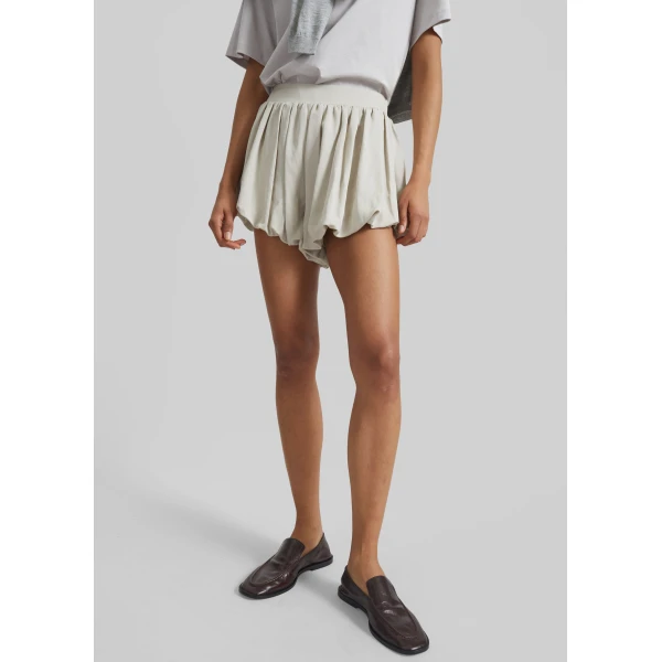 The Frankie Shop Alina Linen Bubble Hem Shorts - Light Beige - Oversized Minimalist Shorts in Beige - Shop at Luxury Shoes 