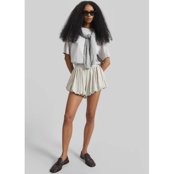 The Frankie Shop Alina Linen Bubble Hem Shorts - Light Beige - Oversized Minimalist Shorts in Beige - Shop at Luxury Shoes 