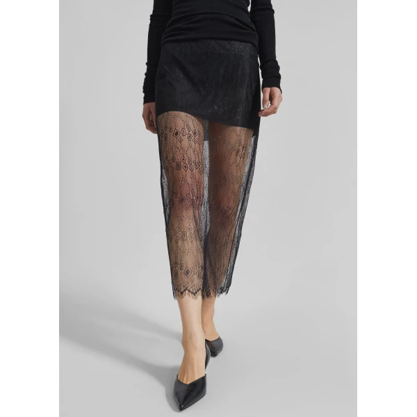 The Frankie Shop Alrose Lace Midi Skirt - Black - Oversized Minimalist Skirts in Black - Shop at Luxury Shoes 