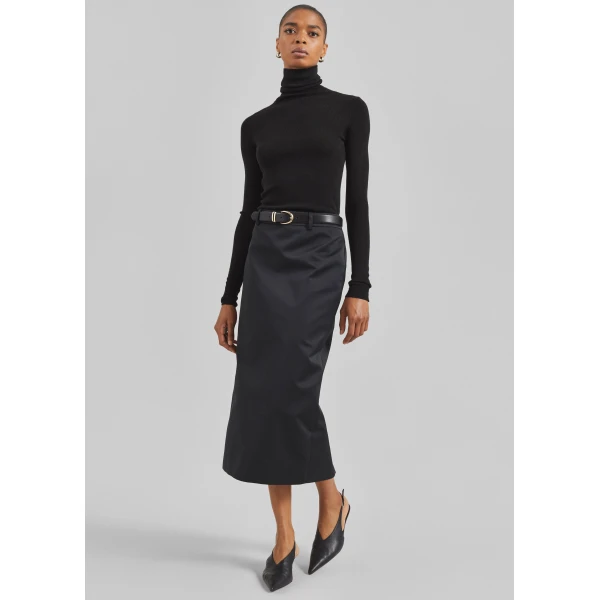 The Frankie Shop Alrose Satin Midi Skirt - Black - Oversized Minimalist Skirts in Black - Shop at Luxury Shoes 