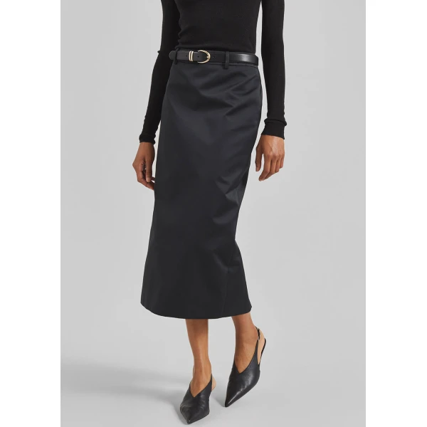 The Frankie Shop Alrose Satin Midi Skirt - Black - Oversized Minimalist Skirts in Black - Shop at Luxury Shoes 