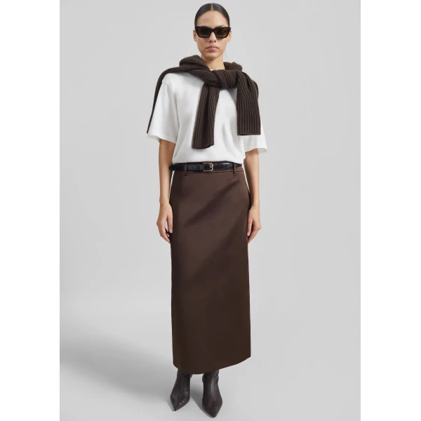 The Frankie Shop Alrose Satin Midi Skirt - Brown - Oversized Minimalist Skirts in Beige - Shop at Luxury Shoes 
