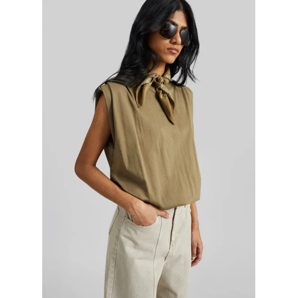 The Frankie Shop Alvor Padded Balloon Top - Olive - Oversized Minimalist Tops in Green - Shop at Luxury Shoes 