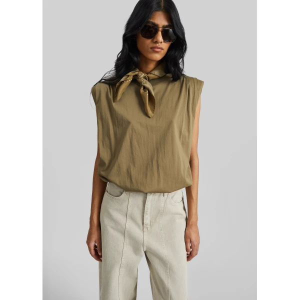 The Frankie Shop Alvor Padded Balloon Top - Olive - Oversized Minimalist Tops in Green - Shop at Luxury Shoes 
