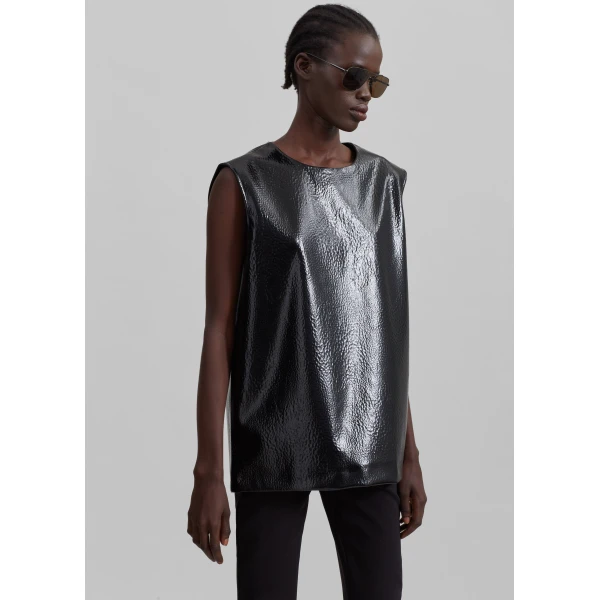 The Frankie Shop Amaris Crackled Faux Leather Tank Top - Black - Oversized Minimalist Tops in Black - Shop at Luxury Shoes 