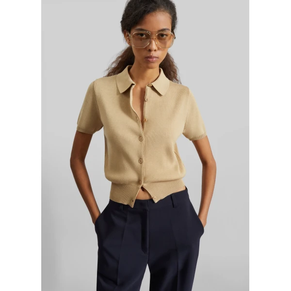 The Frankie Shop Amelot Knit Short Sleeve Cardigan - Beige - Oversized Minimalist Knitwear in Beige - Shop at Luxury Shoes 