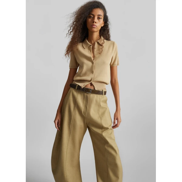 The Frankie Shop Amelot Knit Short Sleeve Cardigan - Beige - Oversized Minimalist Knitwear in Beige - Shop at Luxury Shoes 
