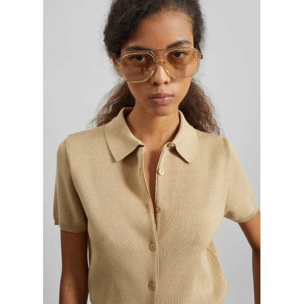The Frankie Shop Amelot Knit Short Sleeve Cardigan - Beige - Oversized Minimalist Knitwear in Beige - Shop at Luxury Shoes 