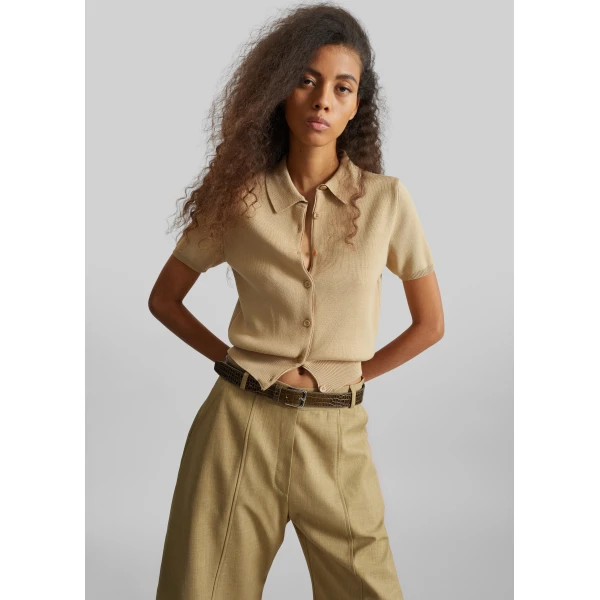 The Frankie Shop Amelot Knit Short Sleeve Cardigan - Beige - Oversized Minimalist Knitwear in Beige - Shop at Luxury Shoes 