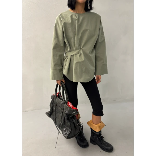 The Frankie Shop Ames Belted Top - Sage - Oversized Minimalist Tops in Green - Shop at Luxury Shoes 