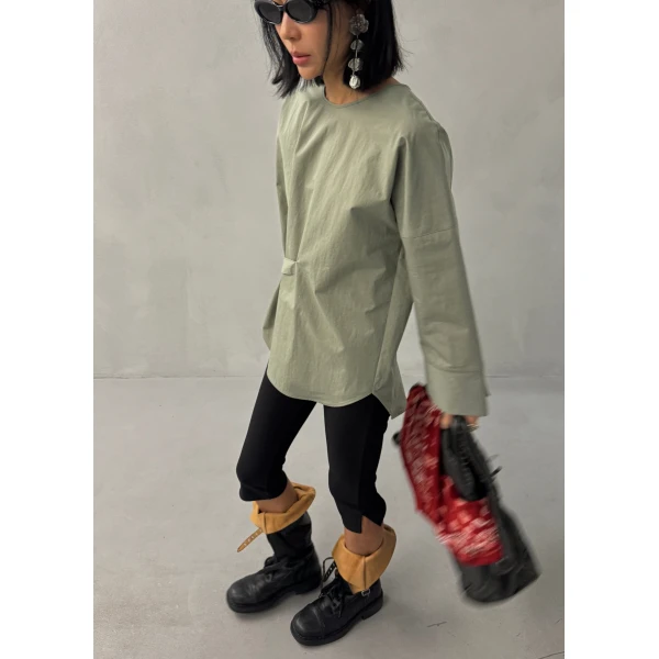 The Frankie Shop Ames Belted Top - Sage - Oversized Minimalist Tops in Green - Shop at Luxury Shoes 