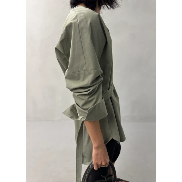 The Frankie Shop Ames Belted Top - Sage - Oversized Minimalist Tops in Green - Shop at Luxury Shoes 