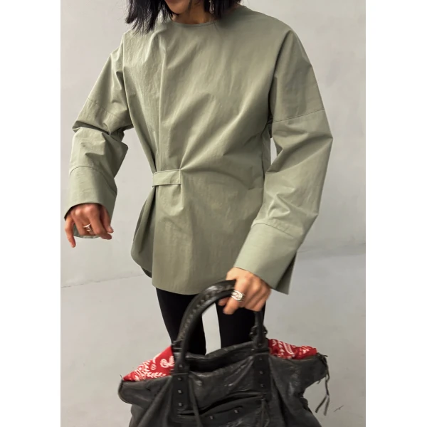 The Frankie Shop Ames Belted Top - Sage - Oversized Minimalist Tops in Green - Shop at Luxury Shoes 