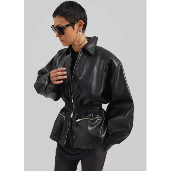 The Frankie Shop Annette Faux Leather Peplum Jacket - Black - Oversized Minimalist Jackets in Black - Shop at Luxury Shoes 