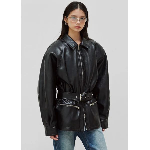 The Frankie Shop Annette Faux Leather Peplum Jacket - Black - Oversized Minimalist Jackets in Black - Shop at Luxury Shoes 