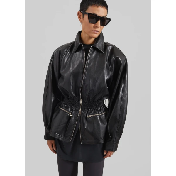 The Frankie Shop Annette Faux Leather Peplum Jacket - Black - Oversized Minimalist Jackets in Black - Shop at Luxury Shoes 