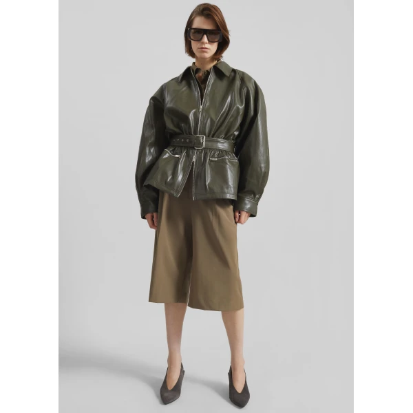 The Frankie Shop Annette Faux Leather Peplum Jacket - Olive - Oversized Minimalist Jackets in Green - Shop at Luxury Shoes 