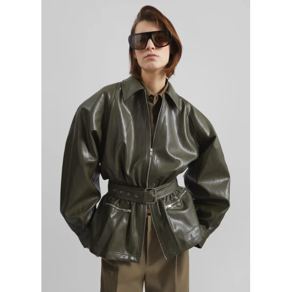 The Frankie Shop Annette Faux Leather Peplum Jacket - Olive - Oversized Minimalist Jackets in Green - Shop at Luxury Shoes 
