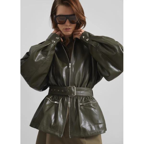 The Frankie Shop Annette Faux Leather Peplum Jacket - Olive - Oversized Minimalist Jackets in Green - Shop at Luxury Shoes 